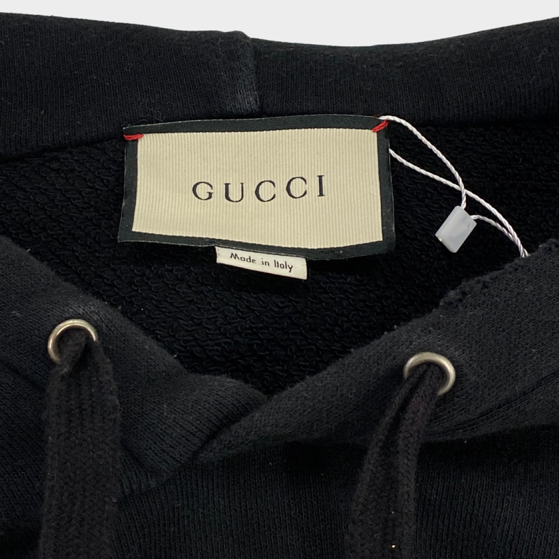 Gucci men's black cotton logo hoodie with animal embroidery