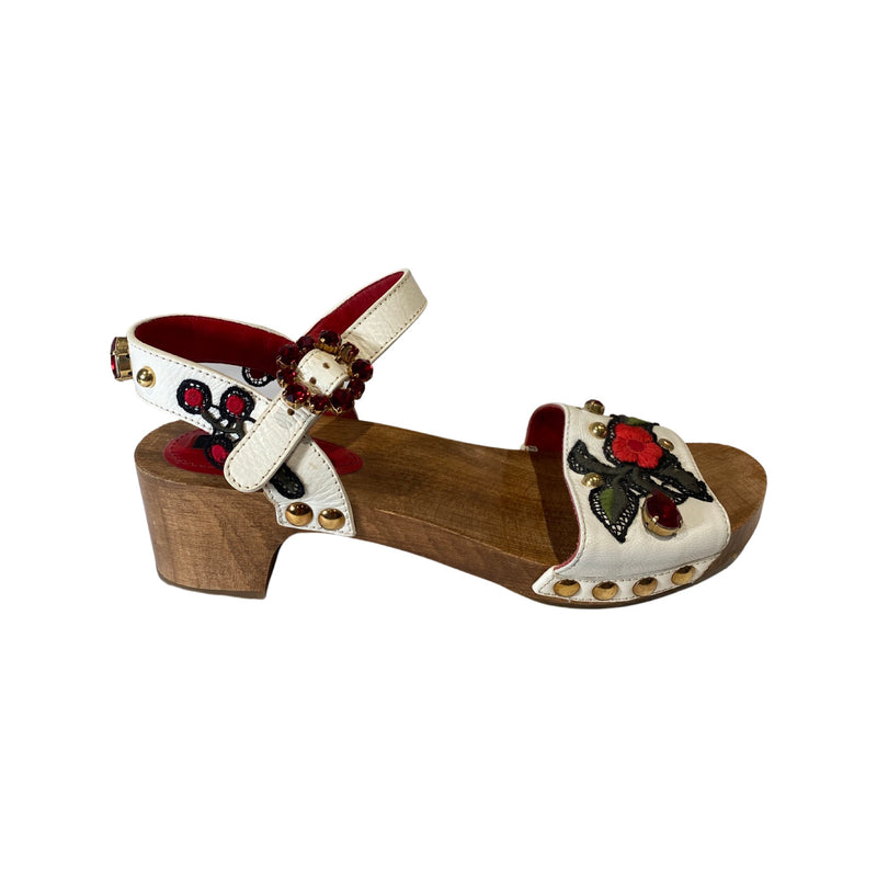 pre-loved DOLCE&GABBANA leather wooden sandals with embroidery and crystals | Size 40