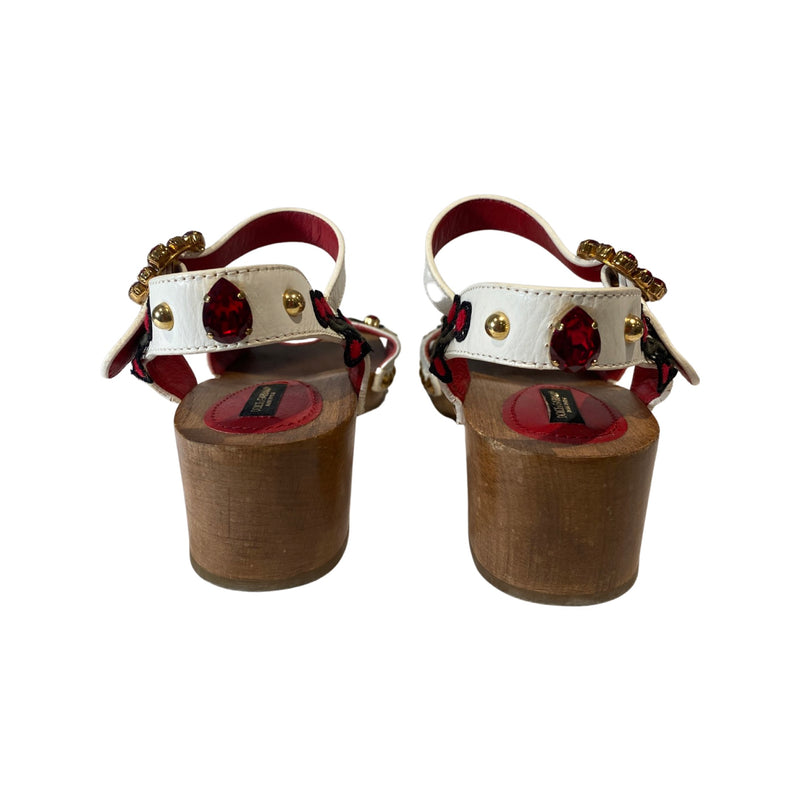 DOLCE&GABBANA white leather wooden sandals with embroidery and crystals | Size 40