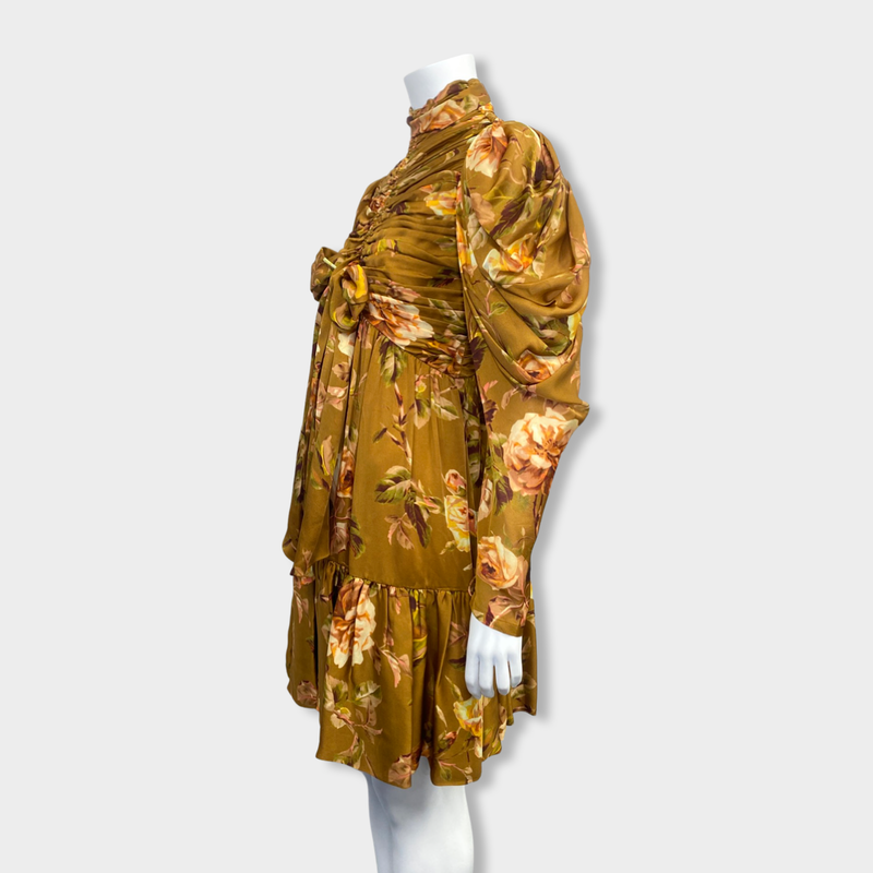 second-hand ZIMMERMANN ochre silk flower print dress | Size Small