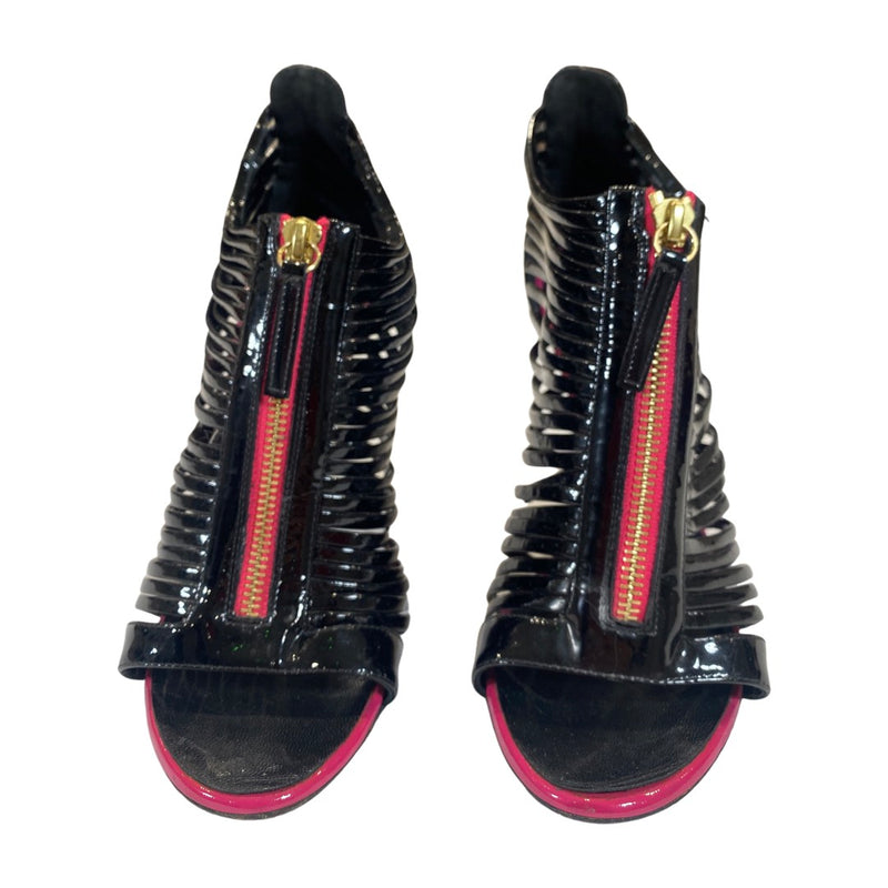 pre-loved GIUSEPPE ZANOTTI black striped patent leather open toe heels