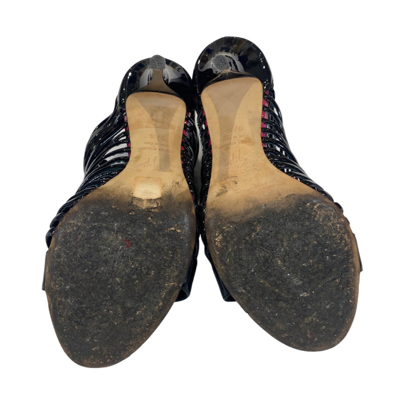 GIUSEPPE ZANOTTI black striped patent leather open toe heels
