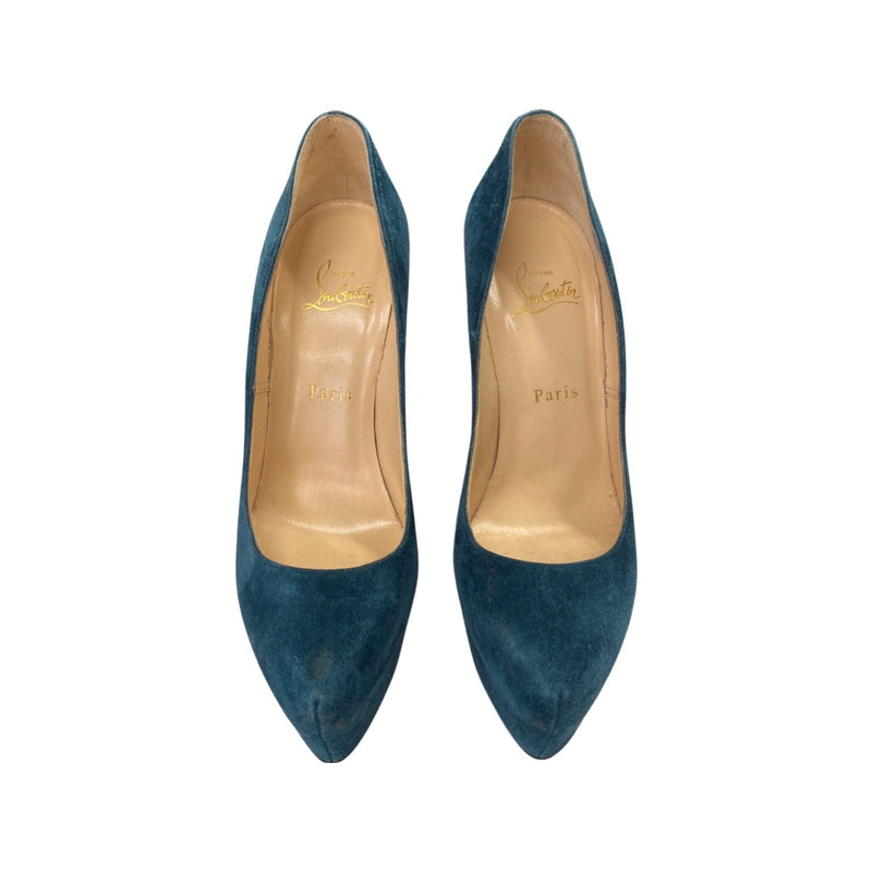 pre-loved CHRISTIAN LOUBOUTIN azure suede platform heels | Size 39