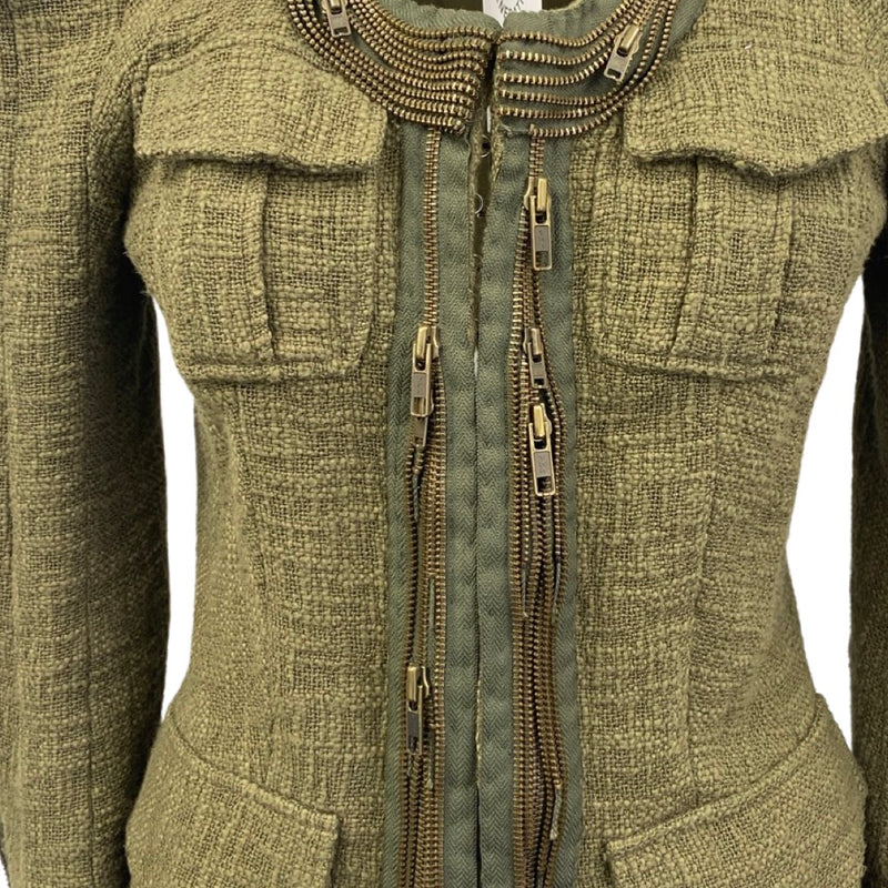 BALMAIN khaki zipped padded shoulder cotton jacket