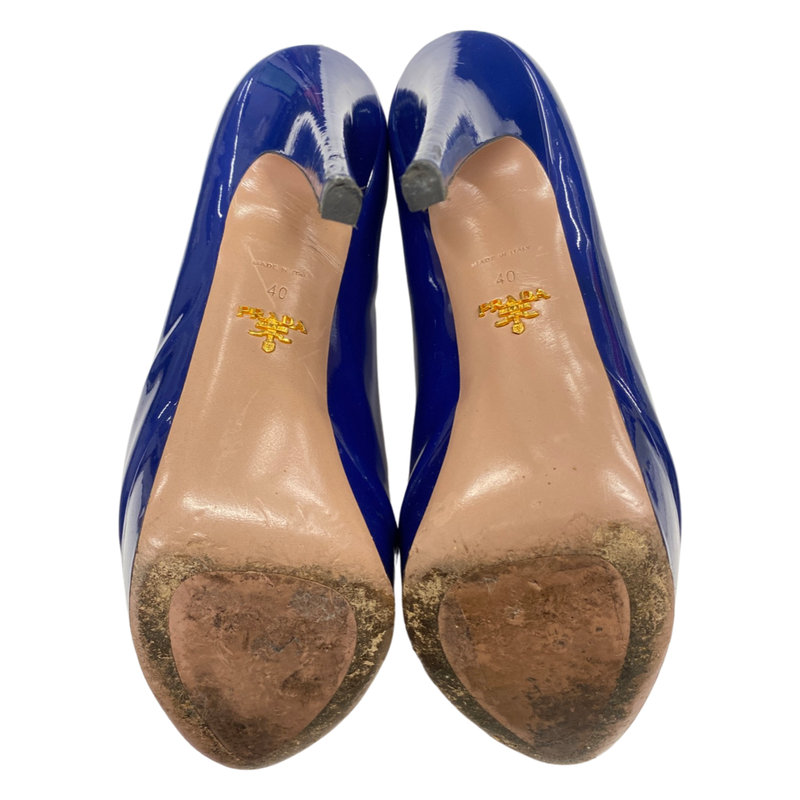 PRADA blue patent leather platform heels
