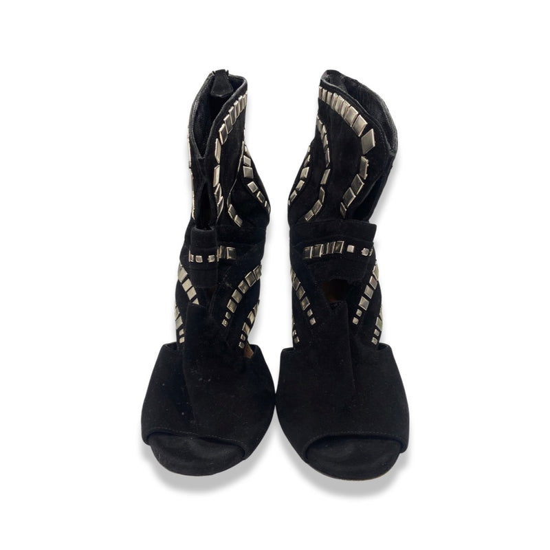 ALAÏA black and silver studded open toe heeled ankle boots | Size 39.5
