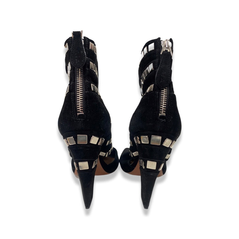 ALAÏA black and silver studded open toe heeled ankle boots | Size 39.5