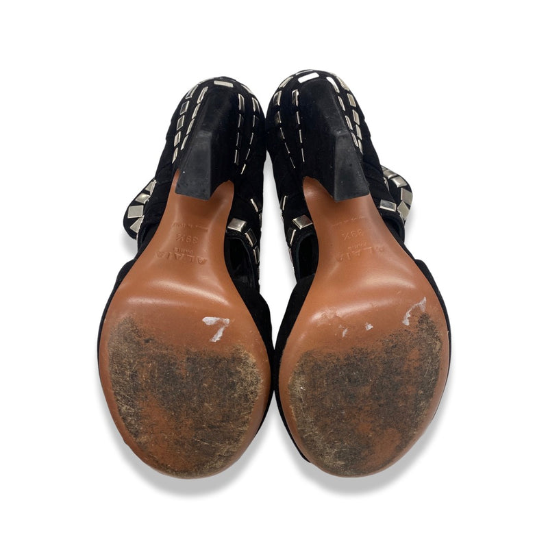 ALAÏA black and silver studded open toe heeled ankle boots | Size 39.5