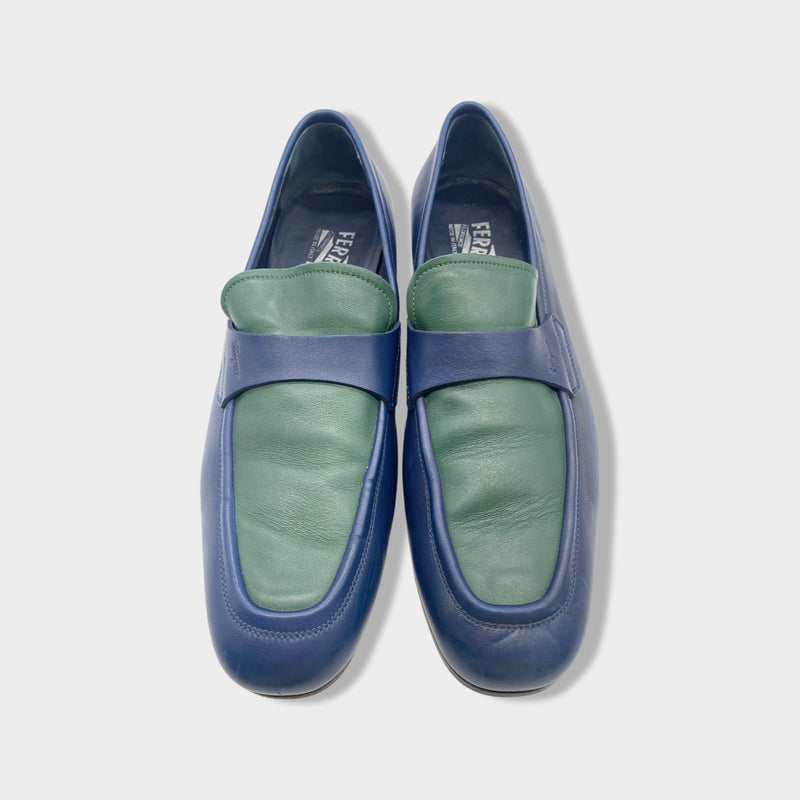 SALVATORE FERRAGAMO navy and green leather loafers