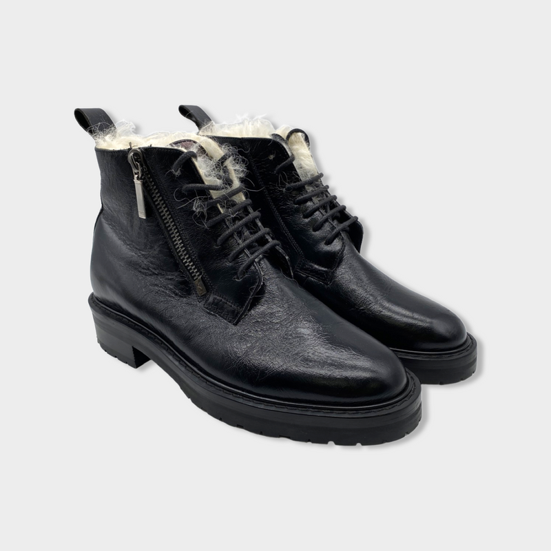 SAINT LAURENT black leather ankle boots with fur