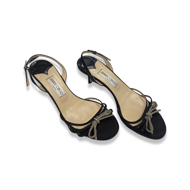 second-hand JIMMY CHOO black satin sandal heels with rhinestone bows | Size 39