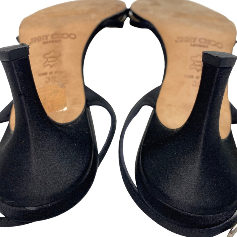JIMMY CHOO black satin sandal heels with rhinestone bows