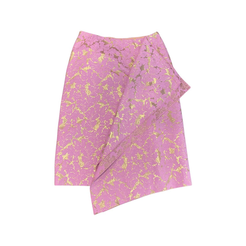 pre-loved Dries Van Noten pink and gold brocade asymmetrical mid-length skirt | Size FR36