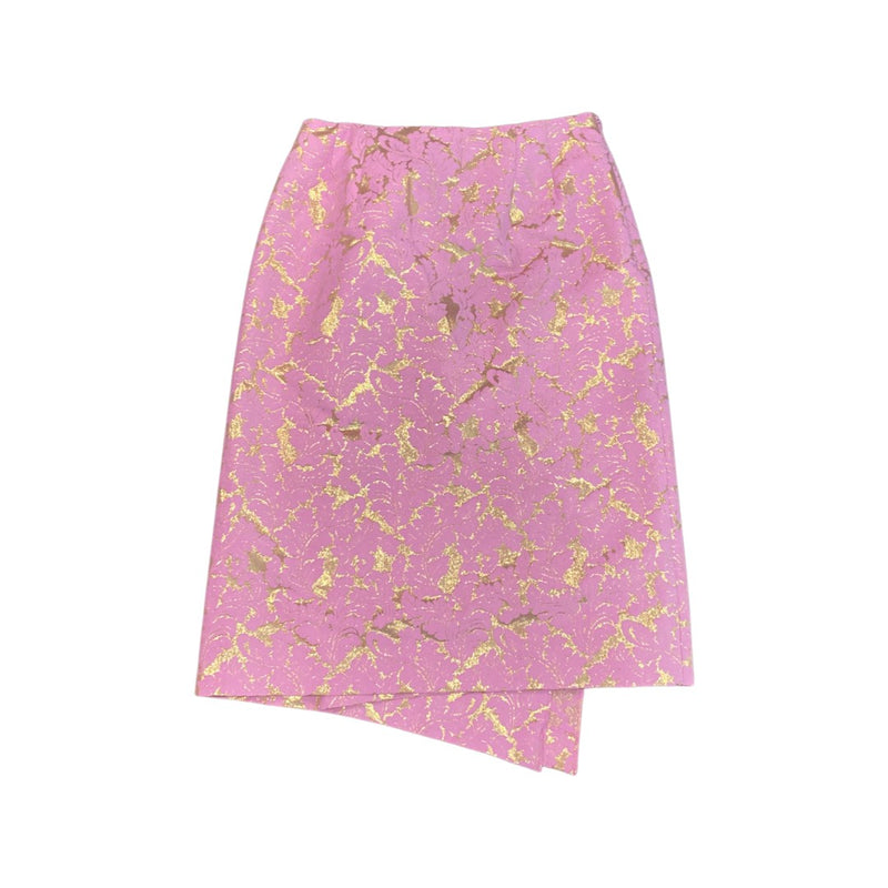 pre-owned Dries Van Noten pink and gold brocade asymmetrical mid-length skirt | Size FR36