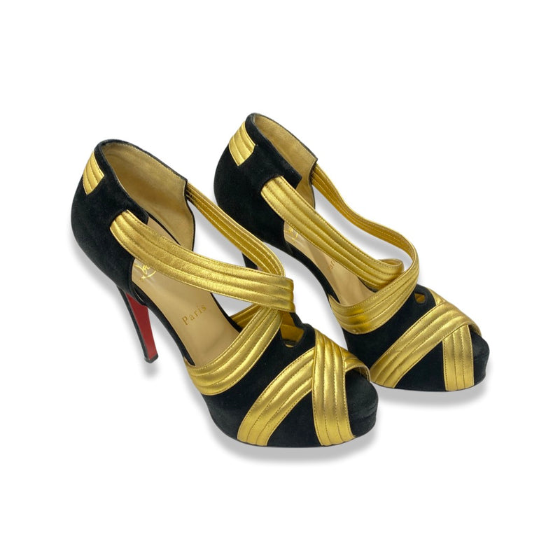 pre-loved CHRISTIAN LOUBOUTIN gold and black suede platform heels 