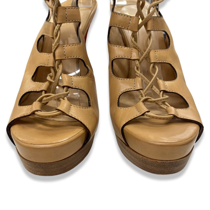 CHRISTIAN LOUBOUTIN beige leather lace-up sandal heels