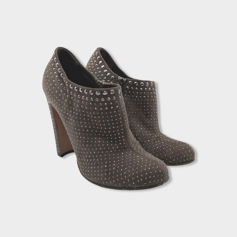 second-hand PRADA taupe suede beaded ankle boots