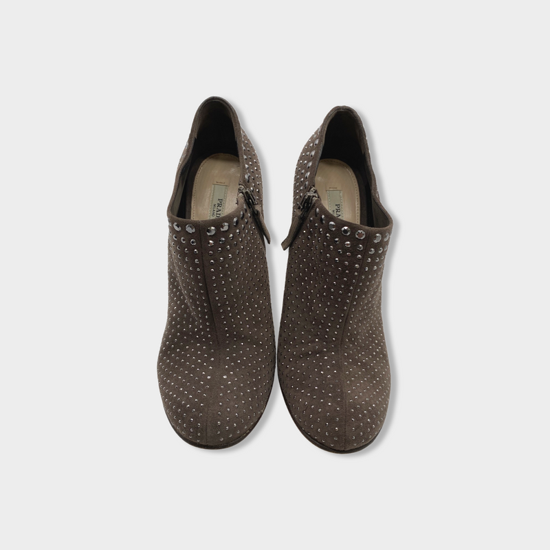 pre-loved PRADA taupe suede beaded ankle boots