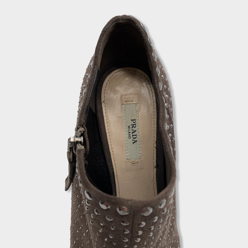 PRADA taupe suede beaded ankle boots