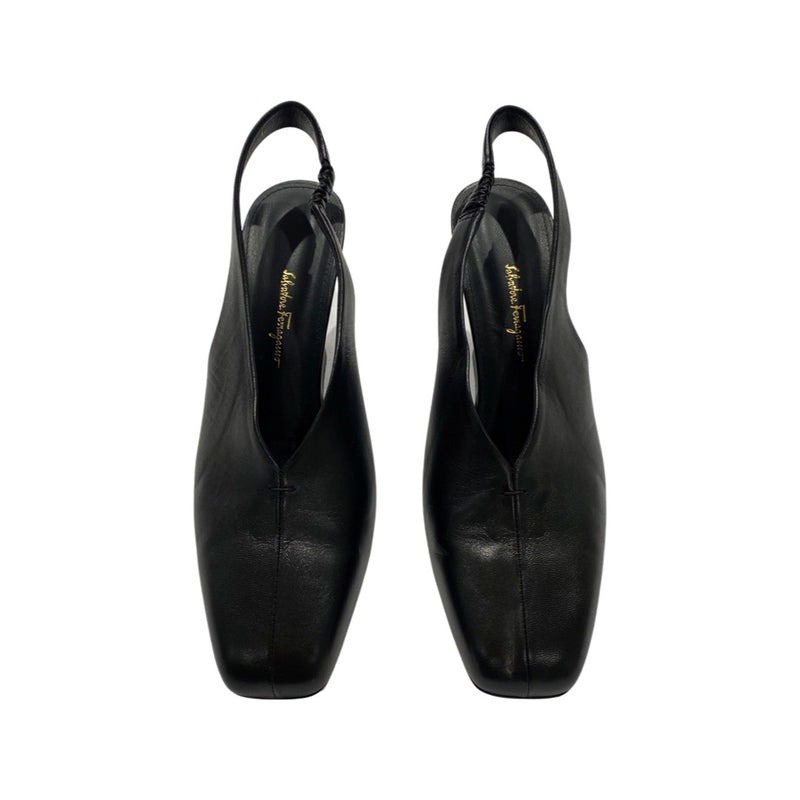 pre-loved SALVADORE FERRAGAMO black leather F heel mules | Size 39