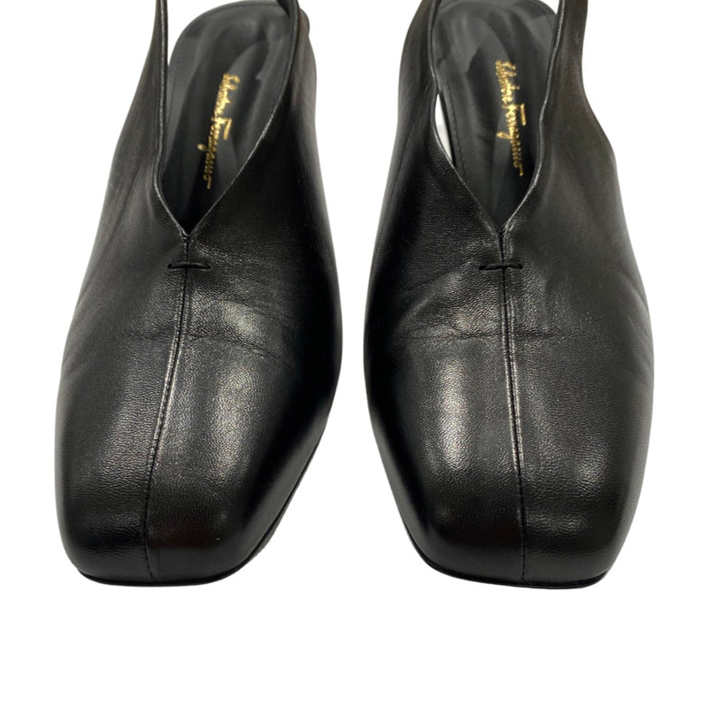 SALVATORE FERRAGAMO black leather F heel mules