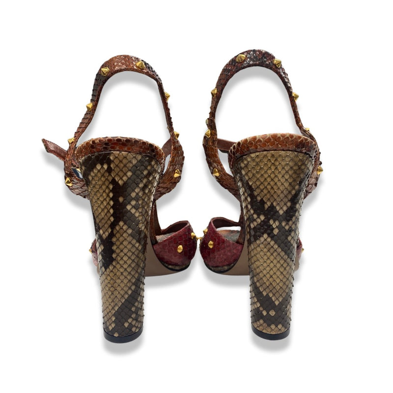 GUCCI red and brown studded python leather sandal heels