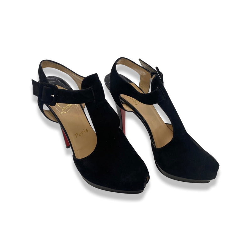 second-hand CHRISTIAN LOUBOUTIN black suede open toe sling-back sandal heels | Size 39