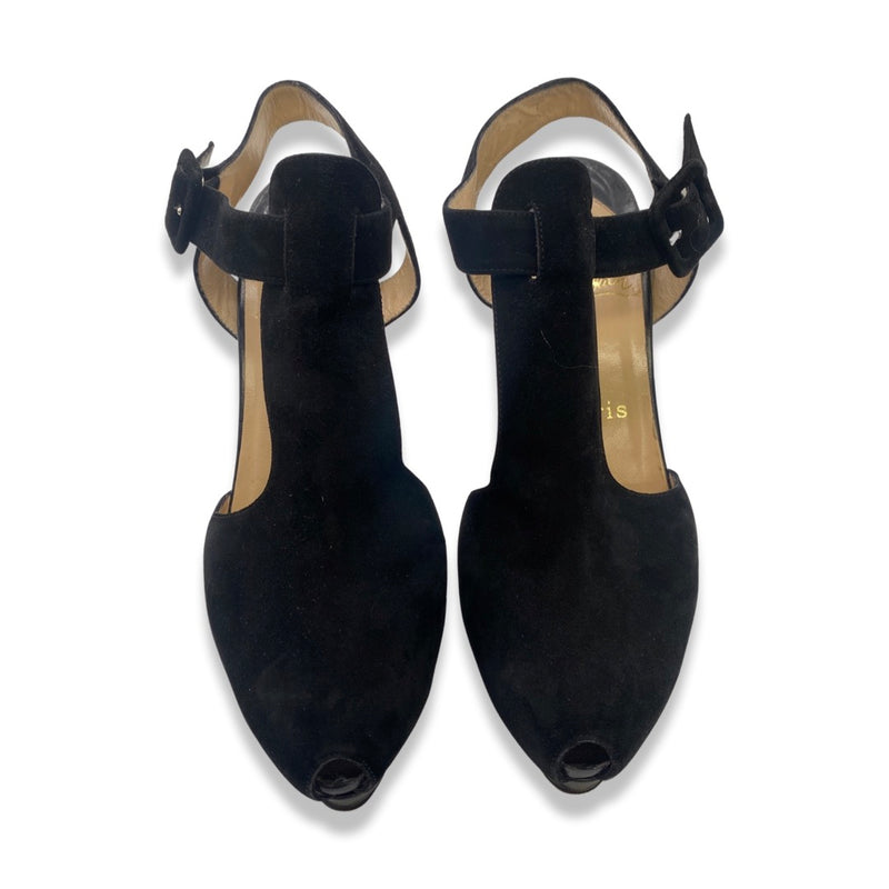 CHRISTIAN LOUBOUTIN black suede open toe sling-back sandal heels