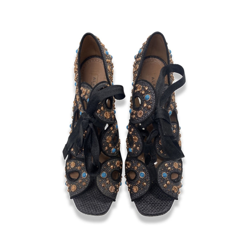 ALAÏA black and turquoise raffia lace-up heels