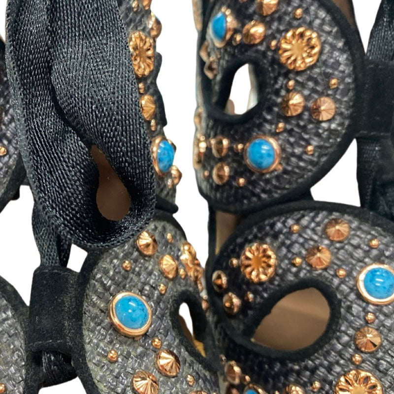 ALAÏA black and turquoise raffia lace-up heels