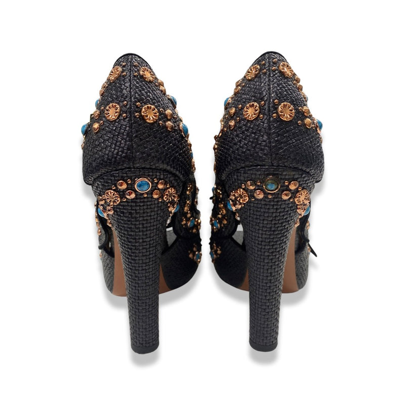 ALAÏA black and turquoise raffia lace-up heels