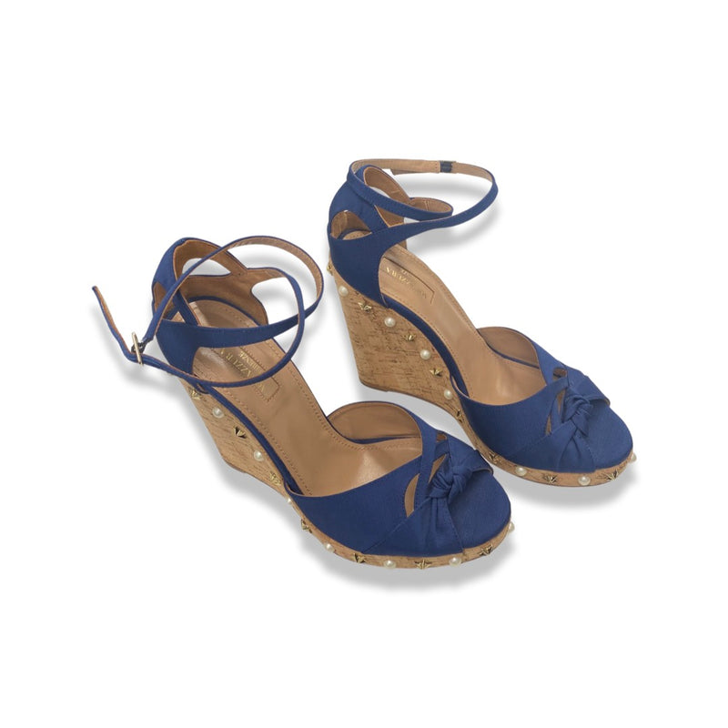 pre-loved AQUAZZURA navy and beige pearl-studded wedges | Size 40