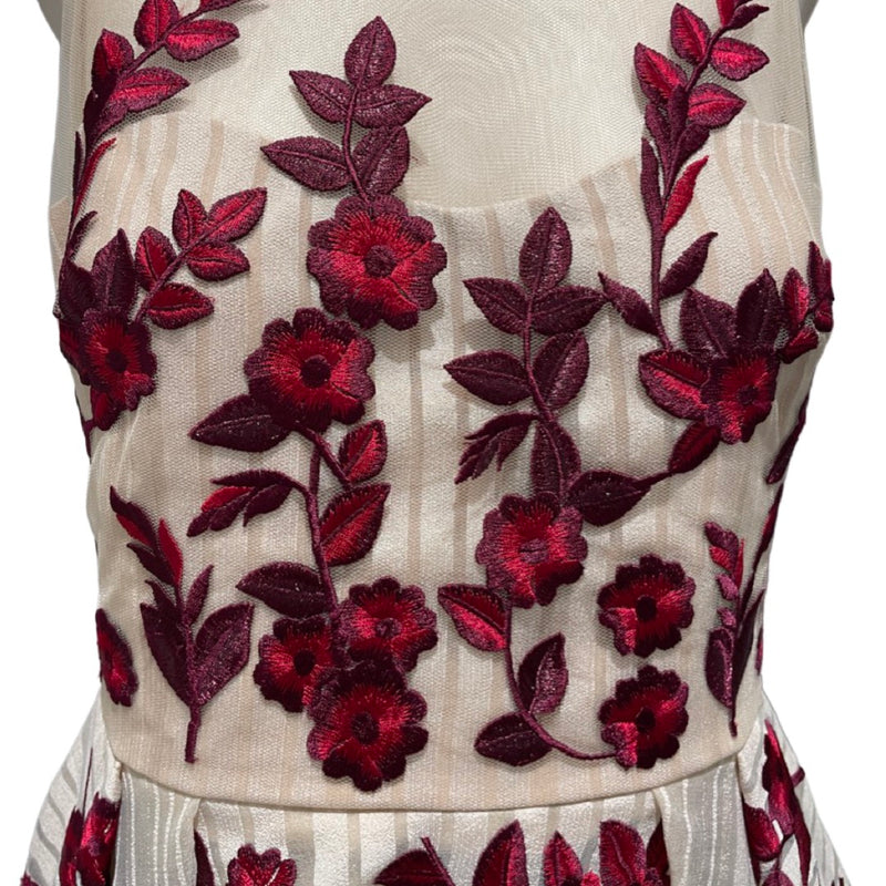 MARCHESA NOTTE beige and burgundy floral-embroidered maxi dress