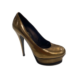 pre-owned YVES SAINT LAURENT antique gold patent leather platform heels | Size 36.5