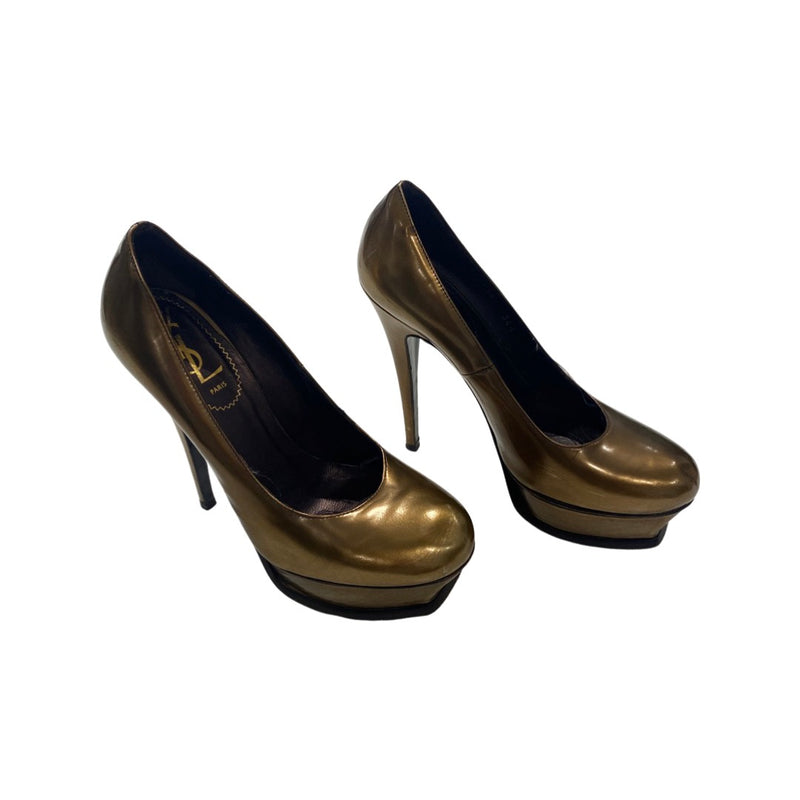 second-hand YVES SAINT LAURENT antique gold patent leather platform heels | Size 36.5