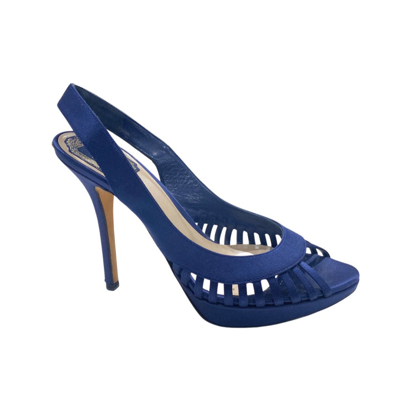 pre-owned CHRISTIAN DIOR navy satin sandal heels | Size 37.5