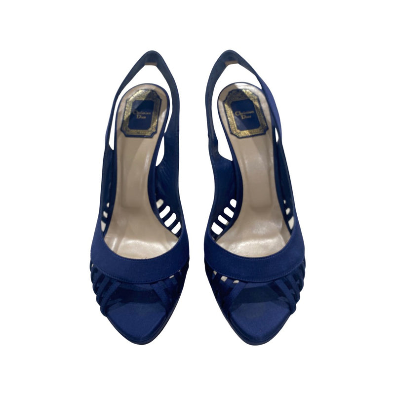 pre-owned CHRISTIAN DIOR navy satin sandal heels | Size 37.5