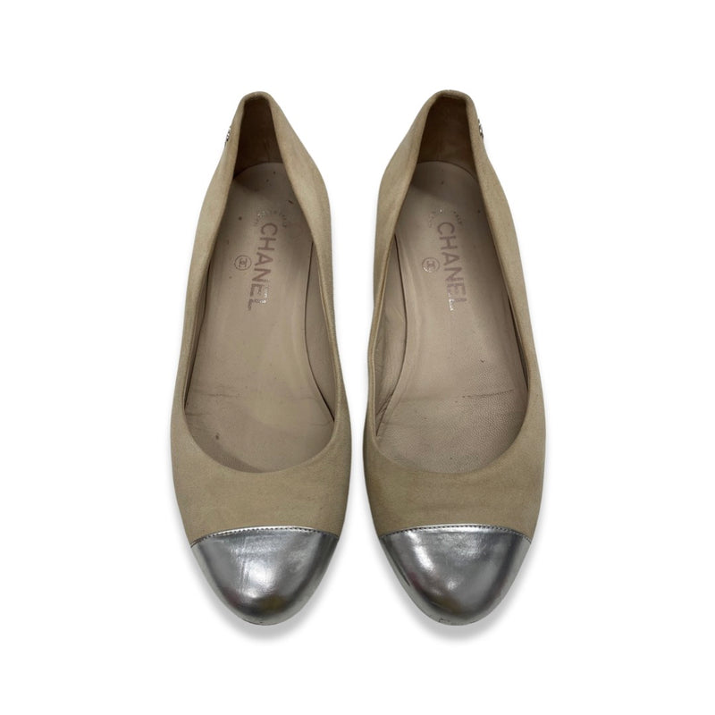 CHANEL beige and silver suede ballet flats