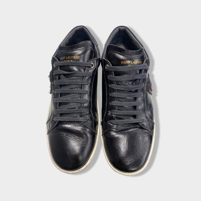 second-hand SAINT LAURENT black leather heart bead-embroidered trainers | Size EU42 UK8