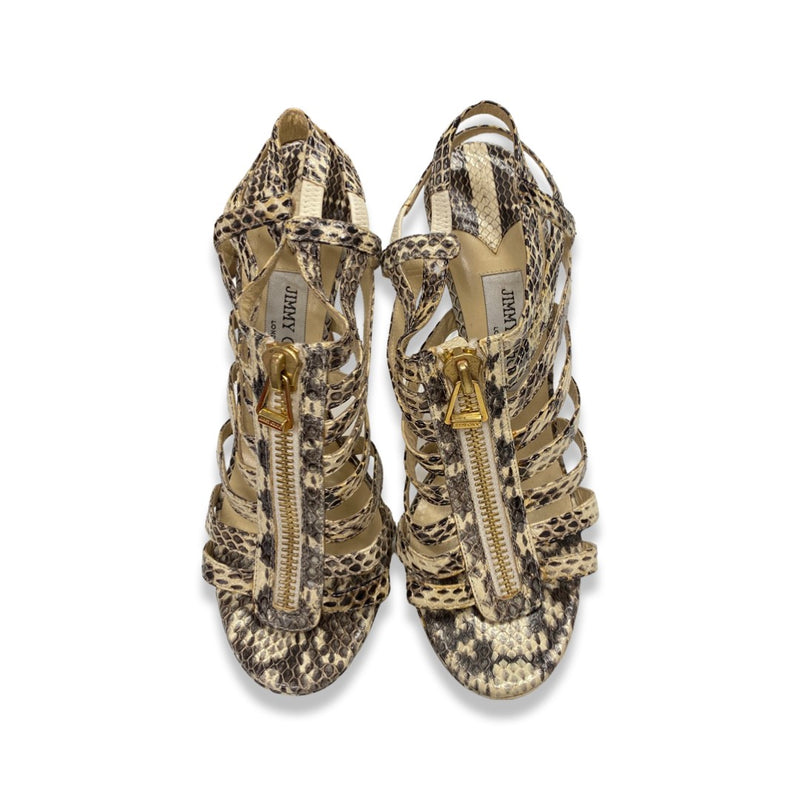 second-hand JIMMY CHOO grey and ecru zipped python leather sandal heels | Size 39