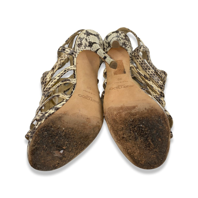 JIMMY CHOO grey and ecru zipped python leather sandal heels