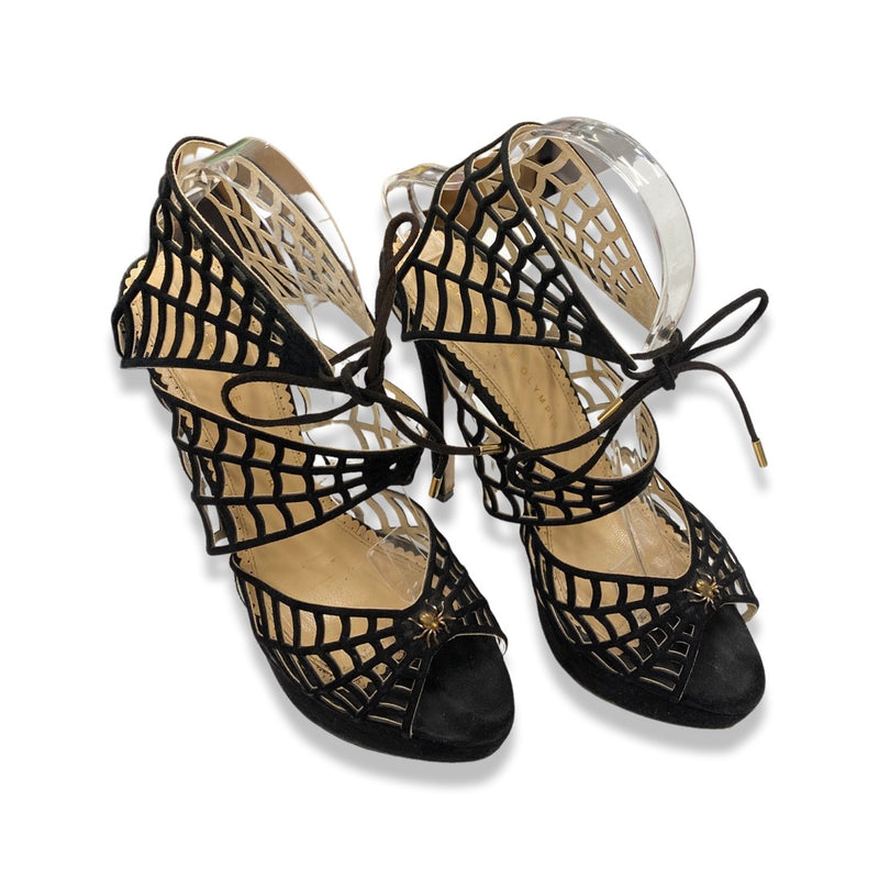 second-hand CHARLOTTE OLYMPIA black net suede platform sandal heels | Size 39