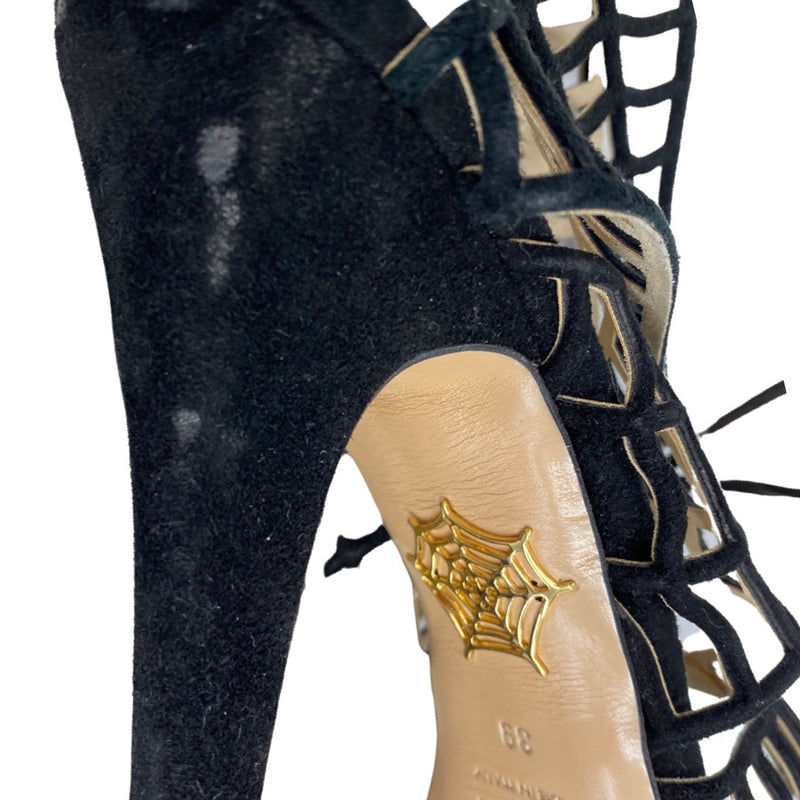 CHARLOTTE OLYMPIA black net suede platform sandal heels