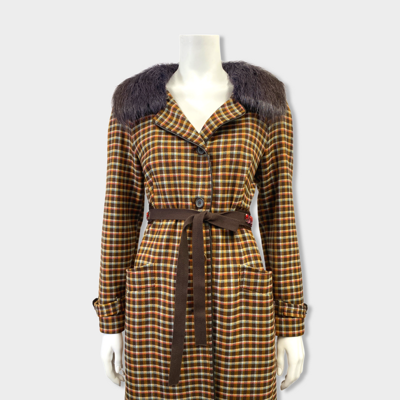 pre-loved Prada brown plaid wool with fur collar and embellished belt