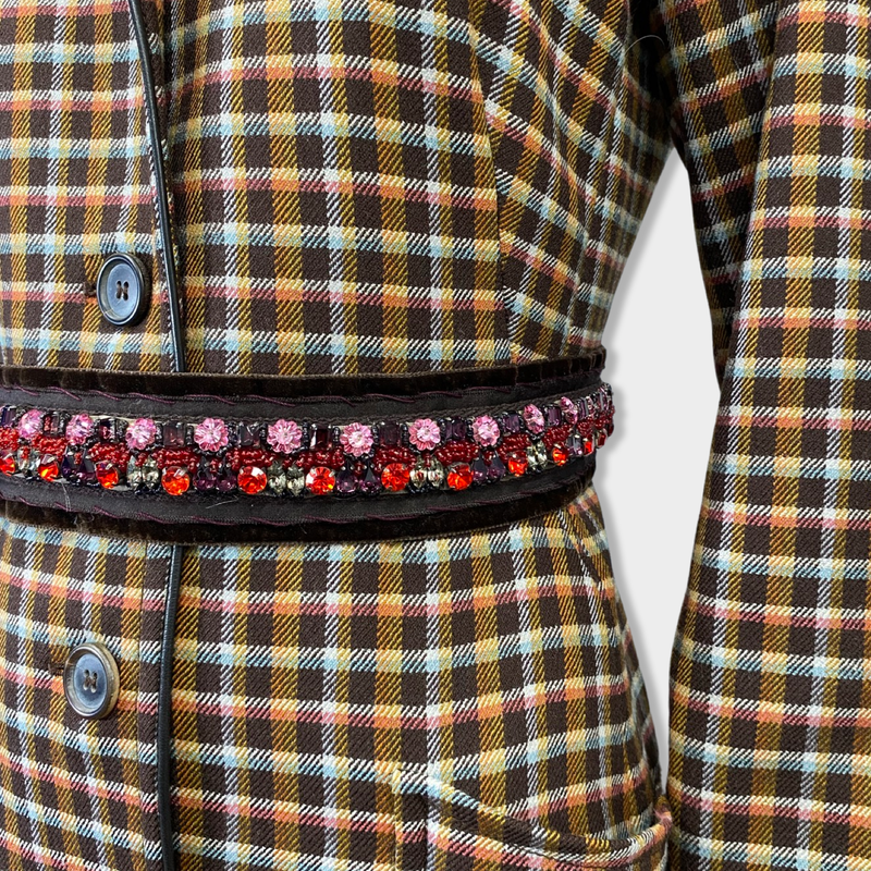 Prada brown plaid wool with fur collar and embellished belt