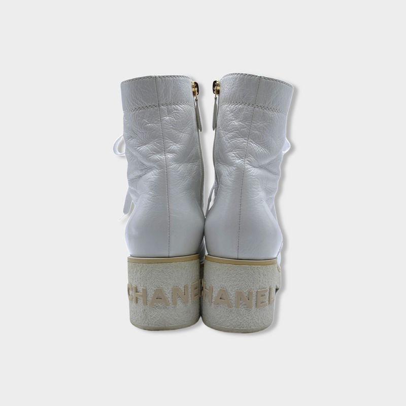 CHANEL white leather boots