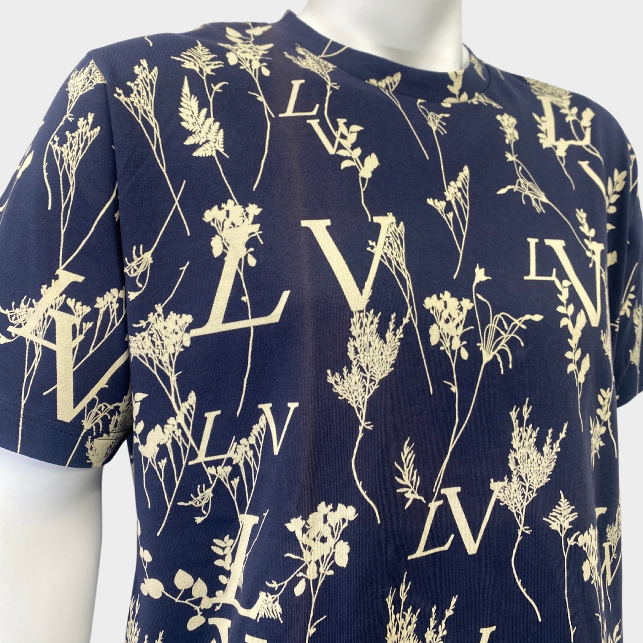 Louis Vuitton Navy Blue Leaf Discharge Printed Cotton Crewneck T