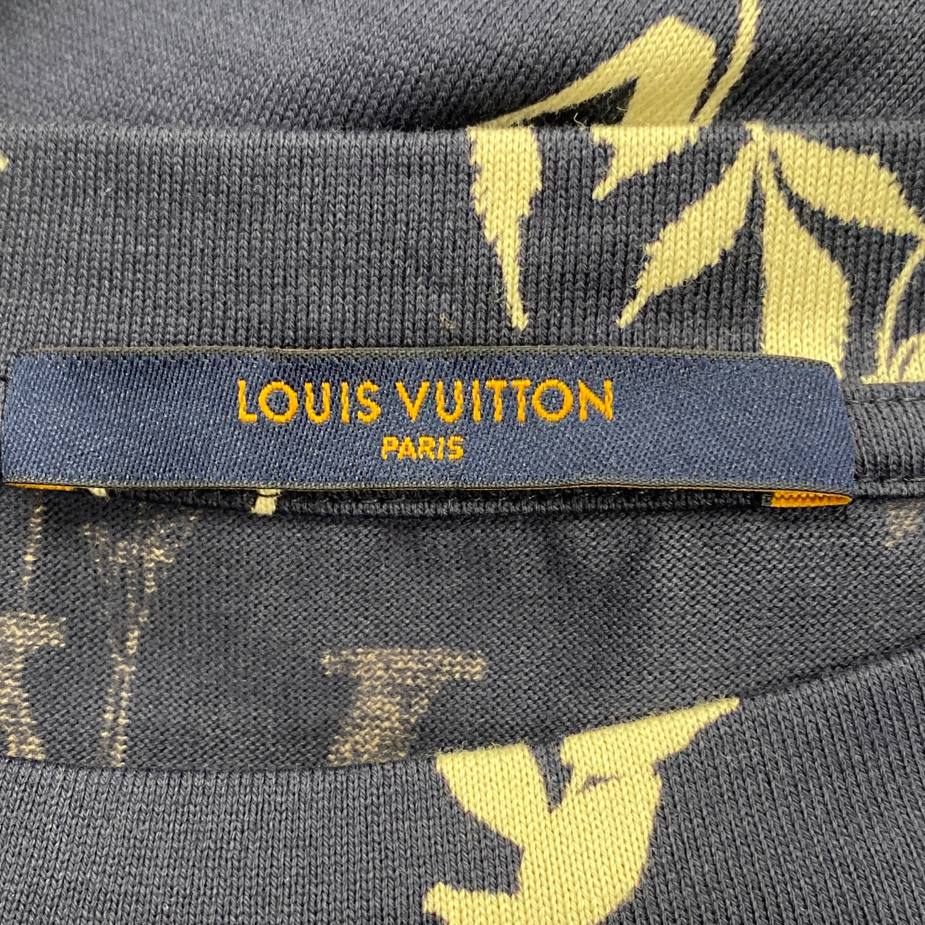 Louis Vuitton Navy Blue Leaf Discharge Printed Cotton Crewneck T