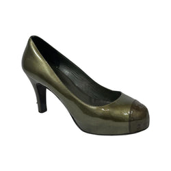 pre-owned Chanel metallic-green patent leather platform heels | Size 36
