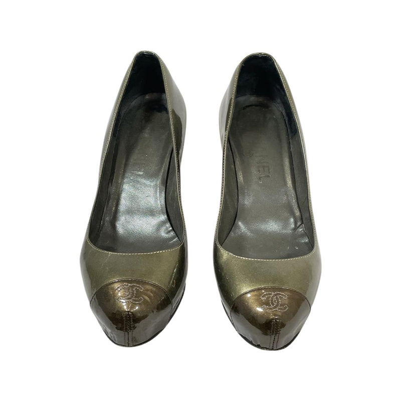 second-hand Chanel metallic-green patent leather platform heels | Size 36